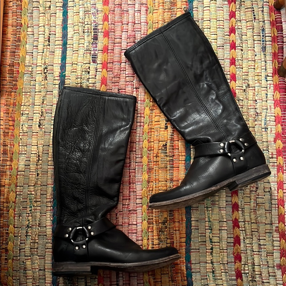 Frye Phillip Black Leather Motorcycle Zip Boots